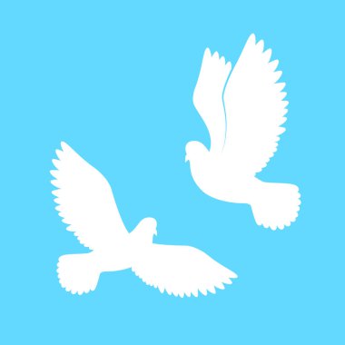 Bir çift güvercin. Kağıt güvercinler siluet. Gökyüzünde beyaz özgür kuşlar. Vektör illüstrasyonu 