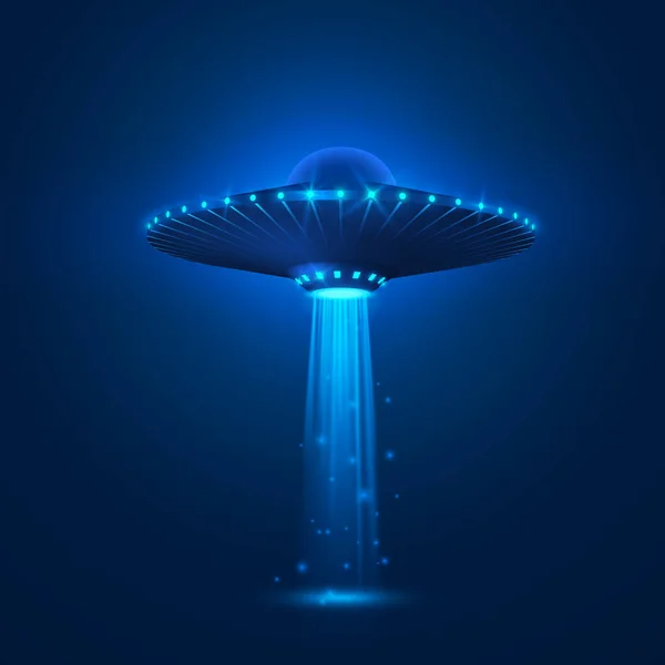 Ufo Promieniem Światła Latać Nocnym Niebie Inwazja Obcych Koncepcja Science — Wektor stockowy