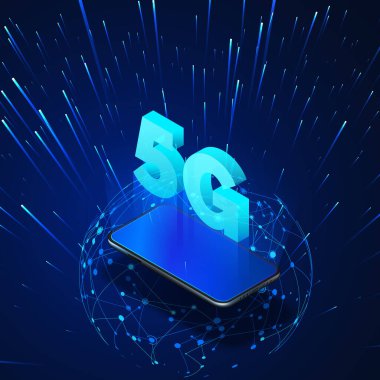 5 gram. 5G hologram ve küresel ağ izometrik pankartlı cep telefonu. Teknoloji geçmişi. Vektör 