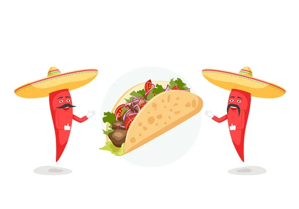 Werbung Für Traditionelle Mexikanische Restaurants Zwei Chilifiguren Mit Schnurrbart Sombrero — Stockvektor