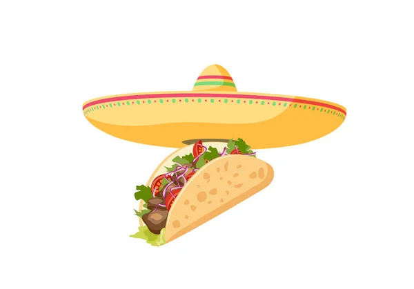 Traditionelle Mexikanische Küche Taco Cartoon Banner Taco Und Sombrero Vektorillustration — Stockvektor