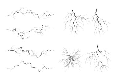 Set of lightning silhouettes. Thunderstorm isolated on white. Vector illustration clipart