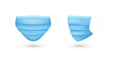 Mavi solunum maskesi. Tıbbi yüz maskesi. Sağlık sorunları. Virüsler ve hastalık koruması. Vektör illüstrasyonu