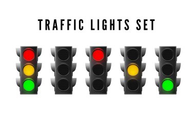 Gerçekçi trafik ışıkları. Kırmızı sarı ve yeşil trafik ışığı. İzole vektör illüstrasyonu