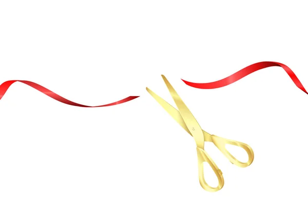 Große Eröffnungsfeier Goldene Schere Schnitt Rotes Seidenband Durch Beginnen Sie — Stockvektor