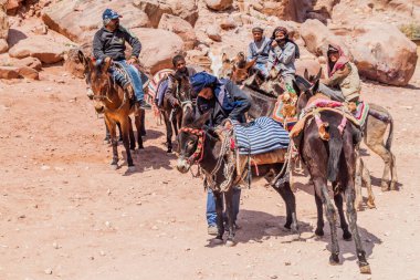 Petra, Ürdün - 24 Mart 2017: Antik Petra, Ürdün 'de eşekli bir adam