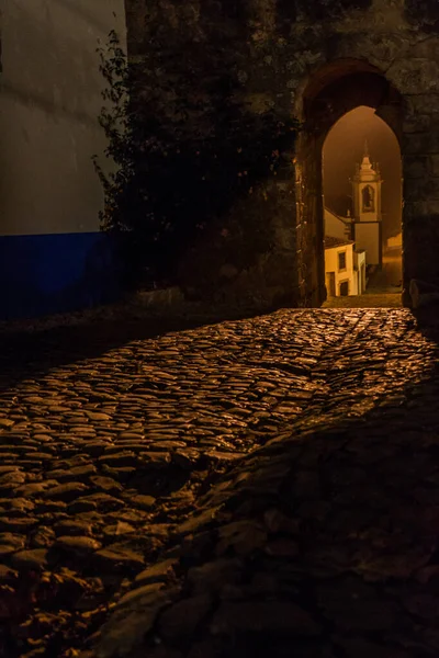 Night View Cobbled Street Gate Obidos Village Portugal — Stock Photo, Image