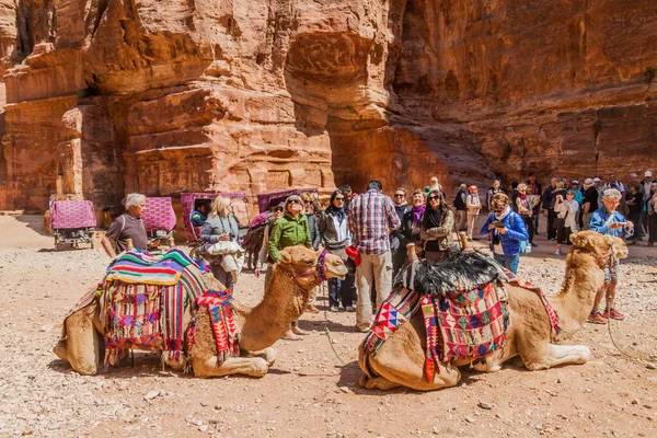 Petra Jordanien Mars 2017 Turister Kameler Och Hästvagnar Den Antika — Stockfoto