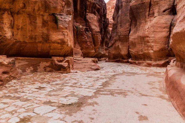 Zicht Siq Smalle Kloof Hoofdingang Van Oude Stad Petra Jordanië — Stockfoto