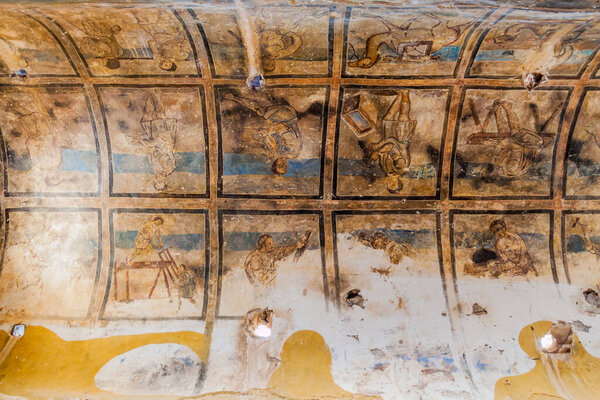 QUSAYR AMRA, JORDAN - APRIL 3, 2017: Frescoes in Qusayr Amra (sometimes Quseir Amra or Qasr Amra), one of the desert castles located in eastern Jordan