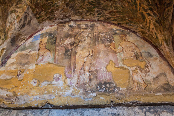 QUSAYR AMRA, JORDAN - APRIL 3, 2017: Frescoes in Qusayr Amra (sometimes Quseir Amra or Qasr Amra), one of the desert castles located in eastern Jordan