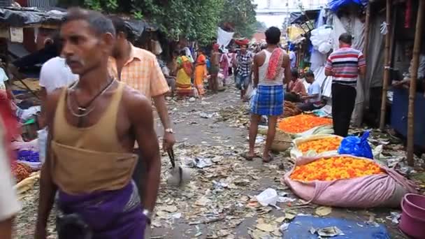 Pohled na květinový trh Mullik Ghat v Kalkatě, Indie — Stock video