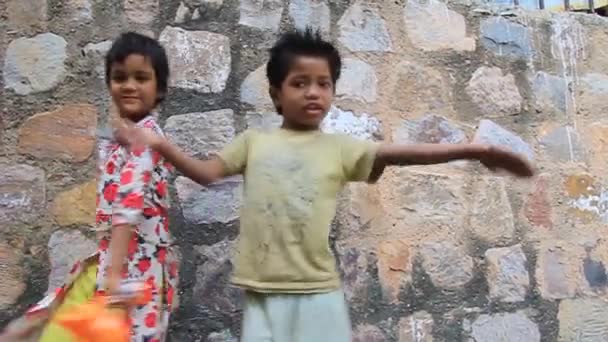 Los niños locales en Gandhak ki Baoli caminan bien en el Parque Arqueológico Mehrauli en Delhi, India — Vídeos de Stock