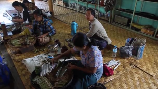 Trabajadores de un taller de cigarros en Inle lake, Myanmar — Vídeo de stock