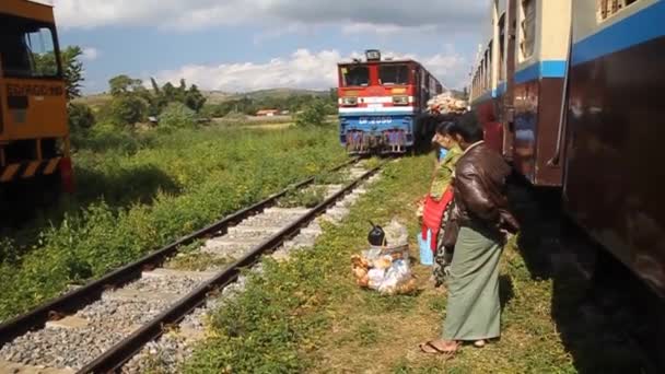Τρένα στο σιδηροδρομικό σταθμό στο Naung Peng κοντά στο Gokteik viaduct, Μιανμάρ — Αρχείο Βίντεο