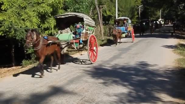 Turistas en un carro de caballos en la antigua ciudad Inwa Ava cerca de Mandalay, Myanmar — Vídeos de Stock
