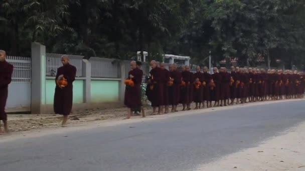 Rader av buddistiska munkar med skålar samla sina dagliga allmosor. — Stockvideo