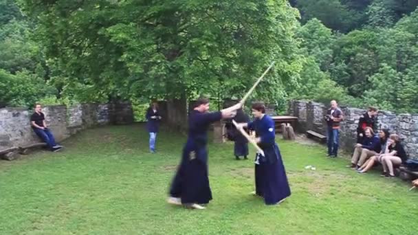 Actuación de arte marcial Kendo en un castillo medieval en la República Checa — Vídeos de Stock