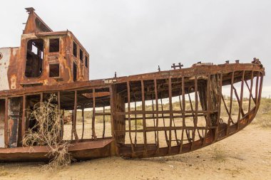 Rusty gemiyi eski Aral deniz kıyısındaki gemi mezarlığında terk etti (Moynoq veya Muynak), Özbekistan.