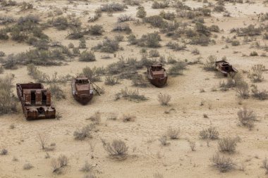 Özbekistan 'ın Aral Denizi' nin eski kıyısındaki Moynaq köyü yakınlarındaki gemi mezarlığında paslanan gemiler.