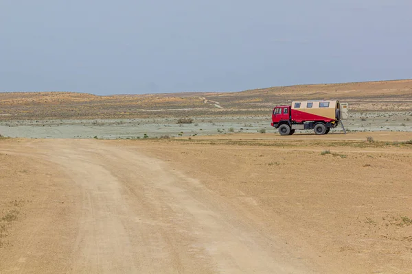 Tourist Truck Darvaza Derweze Gas Crater Door Hell Gates Hell — Stock Photo, Image
