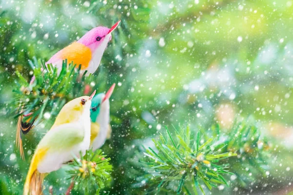 Ozdoba ptak i ozdoba na drzewo z mocą śnieg — Zdjęcie stockowe