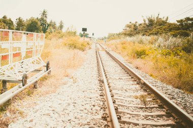 Demiryolu seyahat ve ulaşım kavramı, eklenen renk filtresi ve vintage tarzı yeşil ağaçlar ortasında