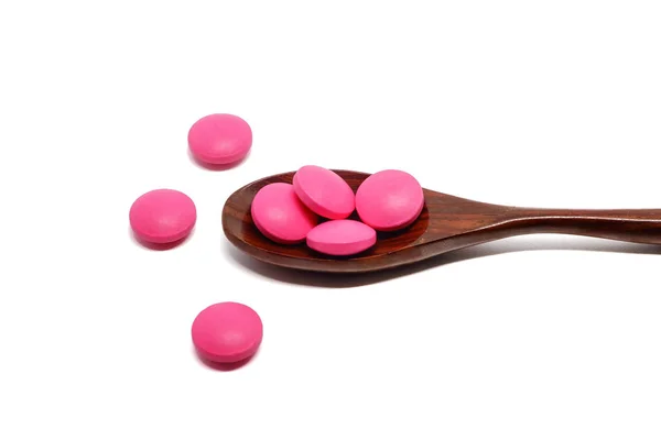 医療の概念のための白い背景のピンク イブプロフェンの薬のトップ ビュー — ストック写真