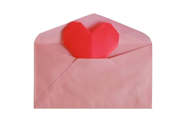 Pink envelope with red heart paper origami isolated on white bac — Stock Photo, Image