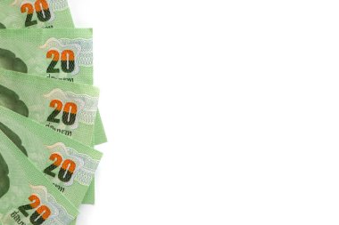 Banknot, iş ve Finans kavramı kopya alanı olan beyaz arka plan üzerinde 20 Baht Tayland para para
