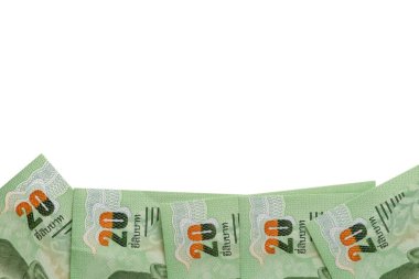 Banknot, iş ve Finans kavramı kopya alanı olan beyaz arka plan üzerinde 20 Baht Tayland para para