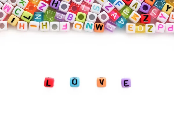 Αγάπη Λέξη Και Αλφάβητο Χάντρες Επιστολή Λευκό Φόντο Για Την — Φωτογραφία Αρχείου