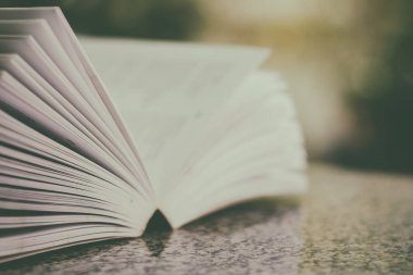 Seçici odak bulanık doğal yeşil backgrou açılan kitap