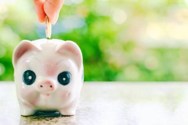 Kumbara içine bozuk para tasarrufu el yeşil doğal geri bulanık