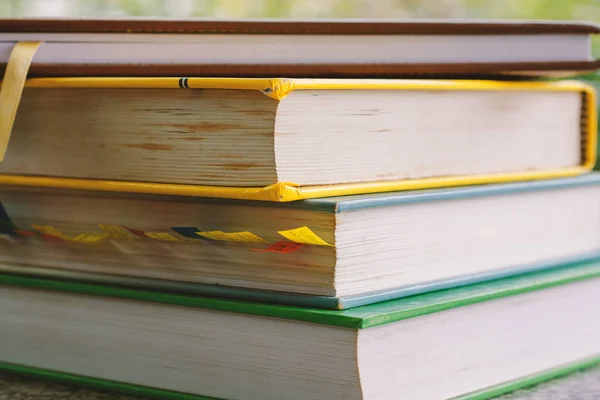 Pila de libro sobre fondo verde natural borroso — Foto de Stock