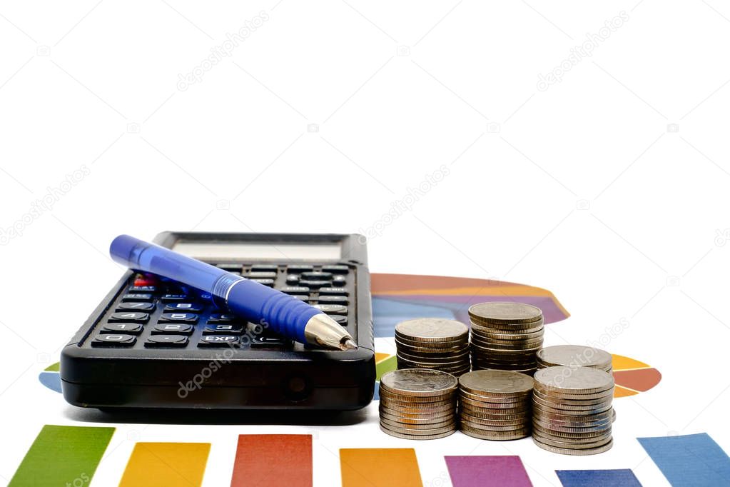 Stack of money coin with calculator and a pen on data chart and 