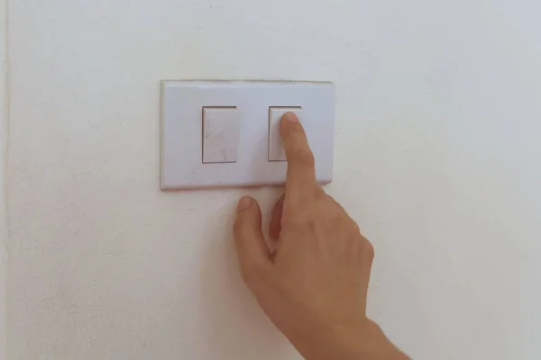 Hand Pressing Button Turn Light Saving Energy Cost Concept — ストック写真