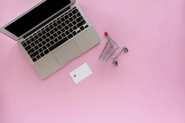 Computer Portatile Con Carta Credito Bianco Mini Carrello Della Spesa — Foto Stock