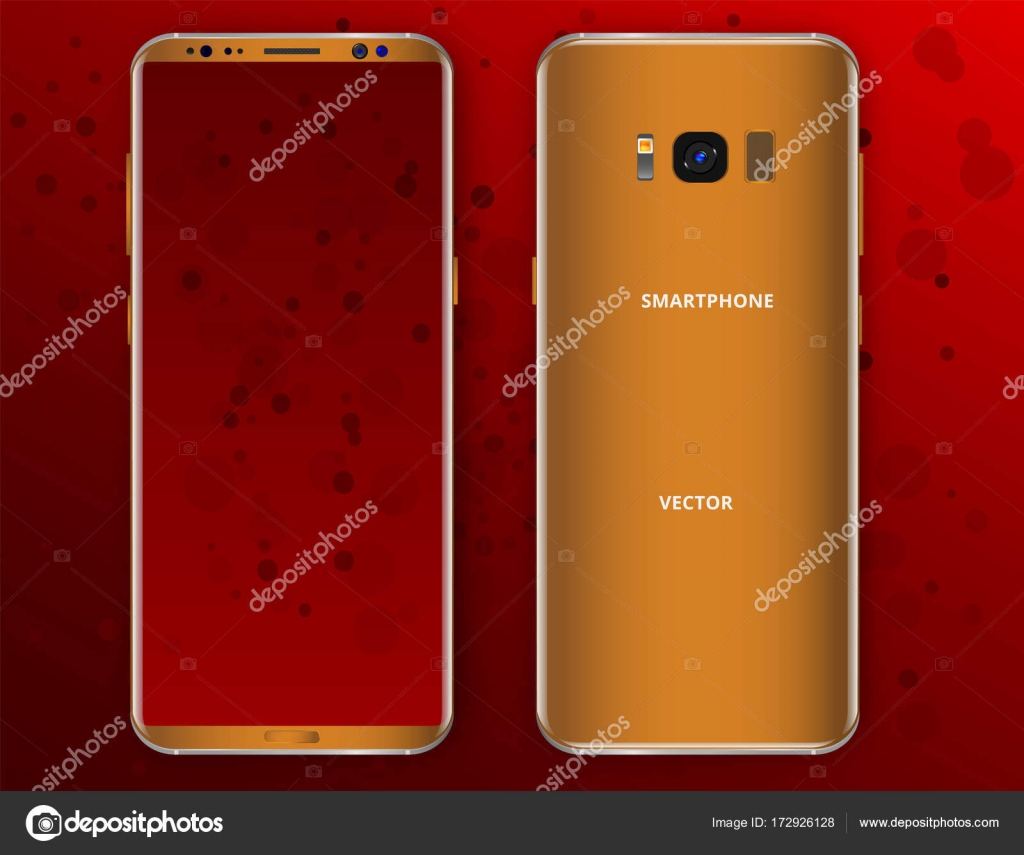Realistic Gold mobile phone concept, front view and backside with camera,  flash and speaker on a red background. Just put your image on content  layer. Scale image any resolution. Stock Vector Image