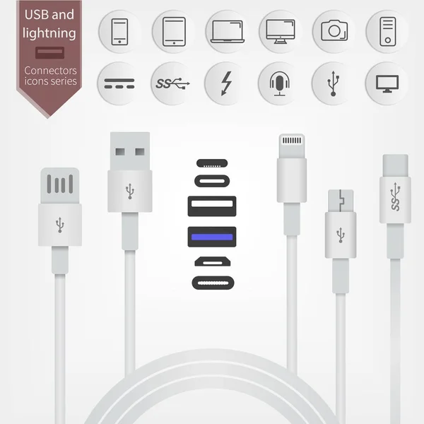Set di interfacce USB e Lightning . — Vettoriale Stock