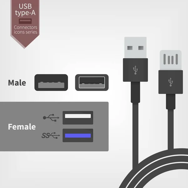 Toma de corriente USB y cables de conector. Ilustración vectorial en estilo plano — Vector de stock