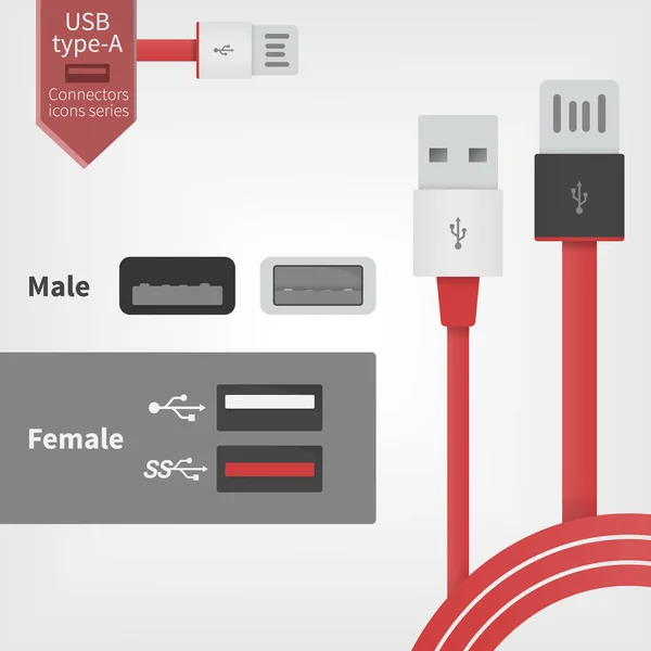 Prise USB et fils de connecteur. Illustration vectorielle dans un style rouge moderne — Image vectorielle