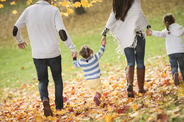 Rear View Happy Family Two Girls Walking Autumn Leaves — Stock Photo, Image