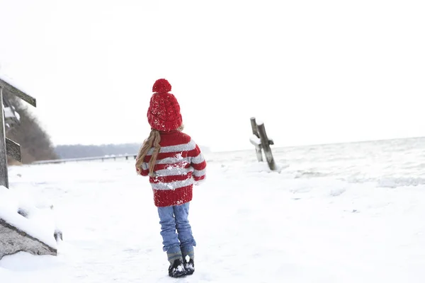 Vista Posteriore Della Bambina Piedi Nella Neve Invernale — Foto Stock