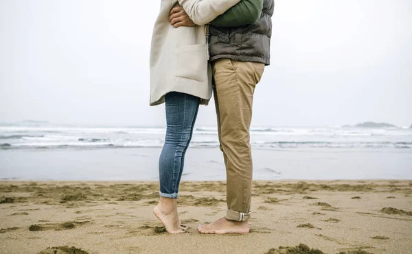 Spain Asturias Low Section Man Woman Barefoot Beach Sand Winter — Stock Photo, Image