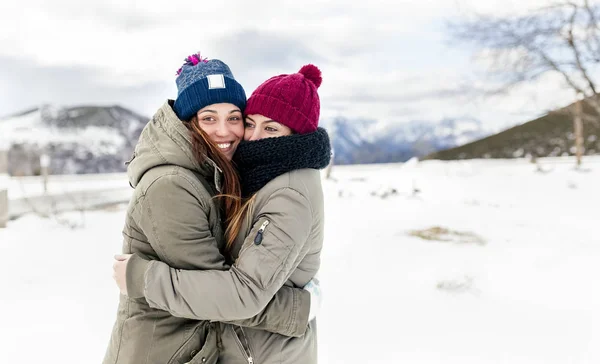 Asturias Spain Two Best Friends Having Fun Snow — Stock Photo, Image