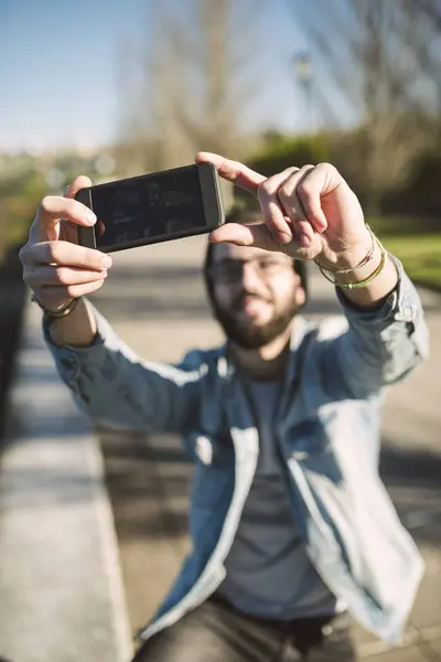 Casual Young Man Taking Selfie Ferrol Galicia Spain — Stock Photo, Image