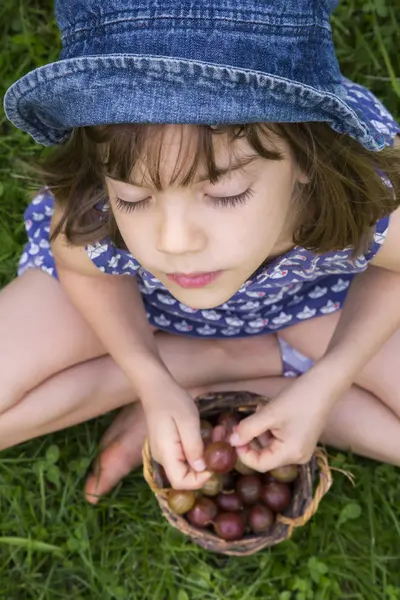 Girl sitting on meadow with basket of gooseberries — Stock Photo, Image