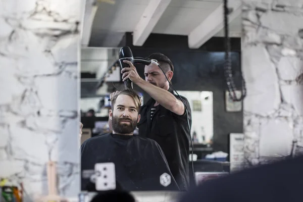 Barber Blow Drying Hair Customer Barbershop — Stock Photo, Image