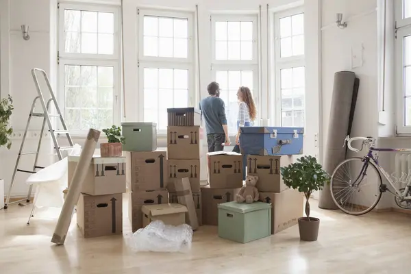 Couple Cardboard Boxes New Apartment Window — Stock Photo, Image